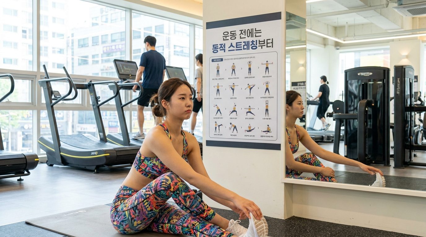 운동 전 정적 스트레칭을 하는 잘못된 습관을 보여주는 한국 여성의 이미지