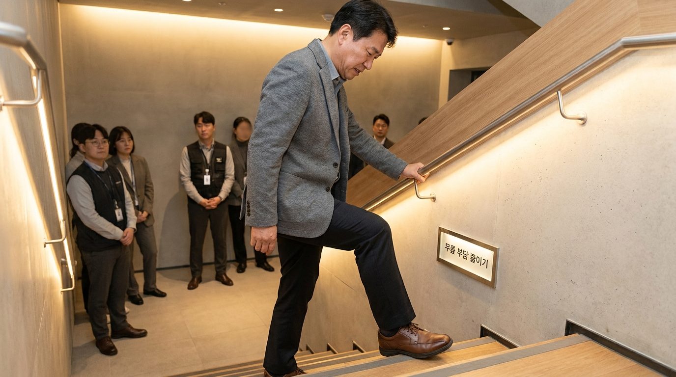 사무실 계단에서 무릎 부담을 줄이며 천천히 내려오는 한국 중년 남성의 클로즈업 모습