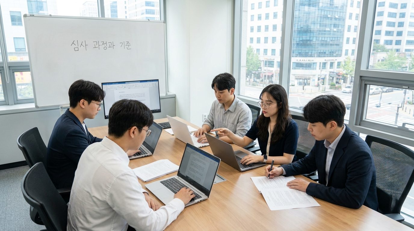 젊은작가상 심사위원들이 심사 과정을 진행하는 현대 한국 사무실 모습