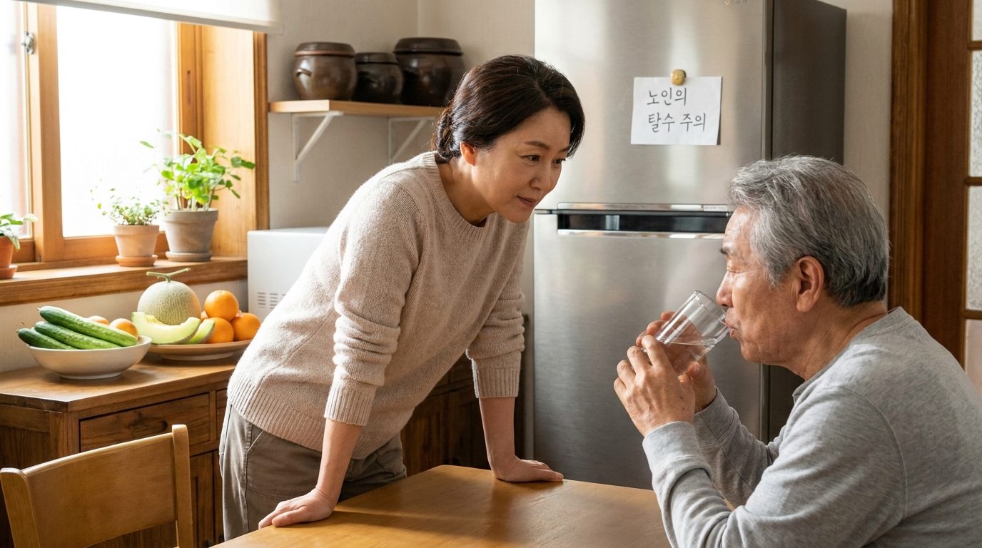 2026년 한국 가정의 밝은 주방에서 노인이 물을 마시는 모습을 배려하는 가족이 지켜보는 장면