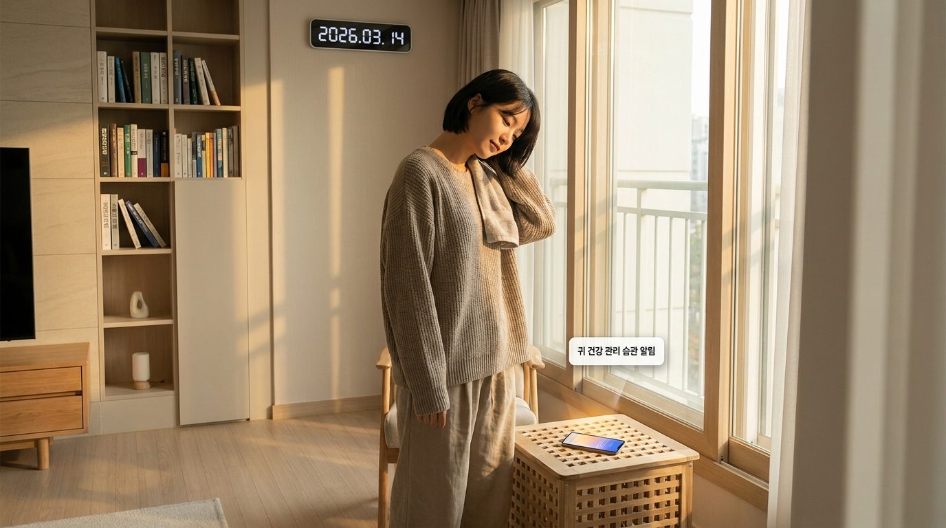 2026년 최신 한국 가정에서 귀 건강 예방 습관을 실천하는 젊은 한국 여성 모습 조명과 자연광 강조한 실사 스타일 이미지