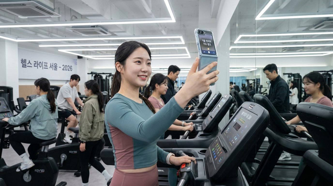 헬스장 거울 앞에서 운동 기록을 촬영하는 현대적이고 세련된 한국인 청년의 모습