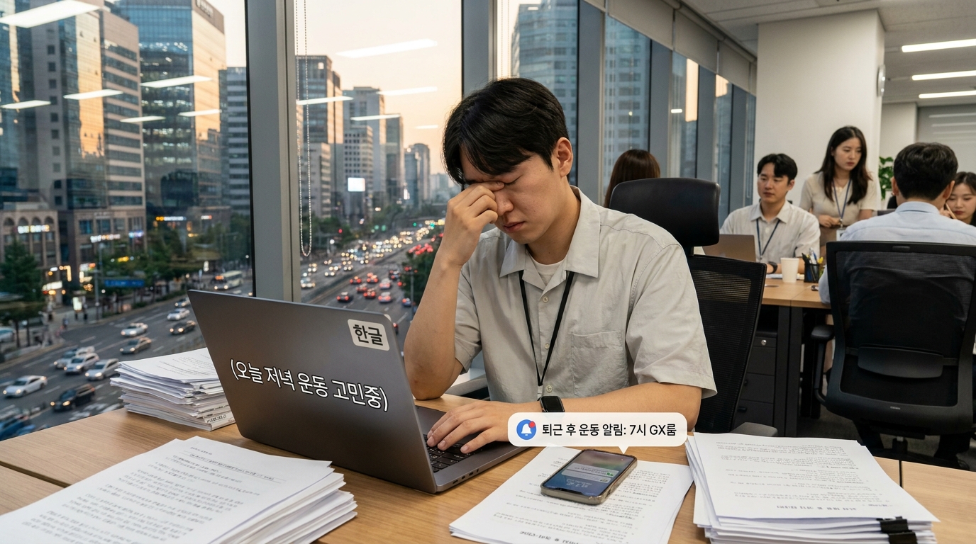 퇴근 후 피곤해 보이는 한국 직장인이 사무실 책상에 앉아 고민하는 모습