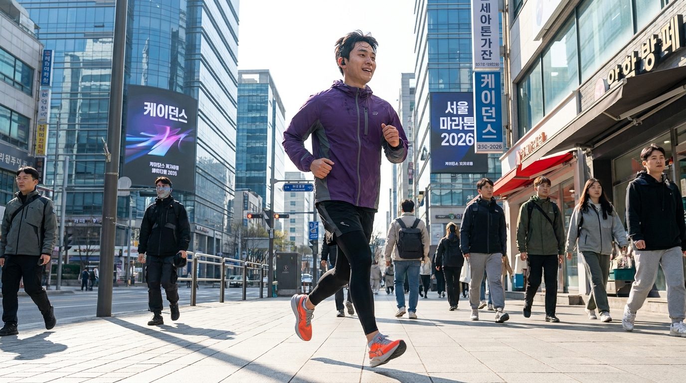 도시 거리에서 케이던스를 보여주며 달리는 한국 남성 러너의 측면 모습