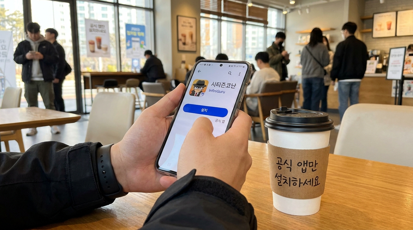 구글 플레이스토어에서 공식 시티즌코난 앱 설치 화면을 보여주는 한국인 젊은이의 스마트폰 클로즈업
