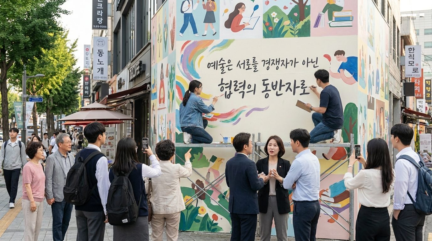 한국 도시 거리에서 벽화 작업과 예술을 통해 협력을 이루는 모습