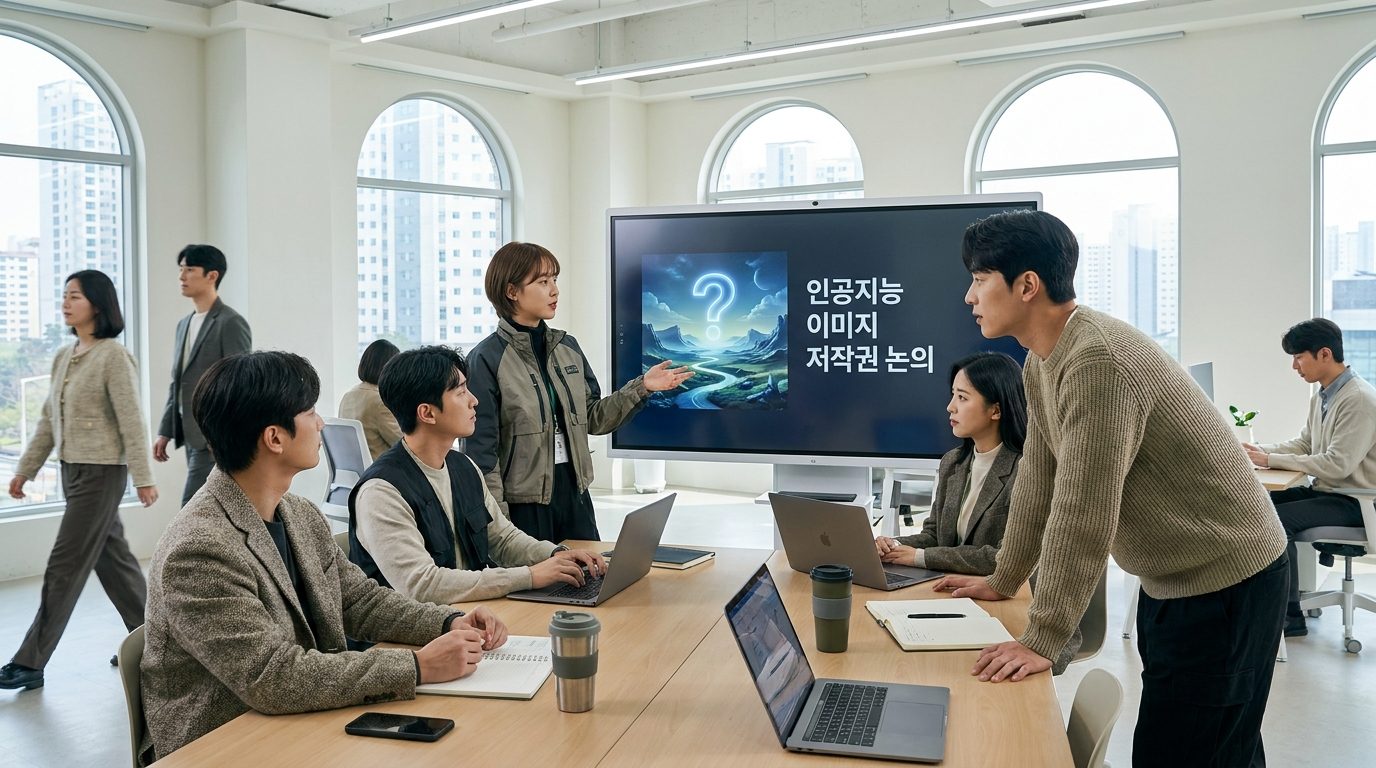 AI 이미지 저작권 등록: 대한민국의 현대 사무실에서 AI 생성 이미지 저작권 문제를 논의하는 다양한 사람들이 모여 있는 모습