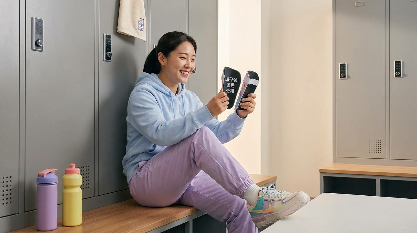 풋살 선수 여성이 라커룸에서 커스텀 신가드를 점검하는 모습과 한국어 라벨이 보이는 장면.