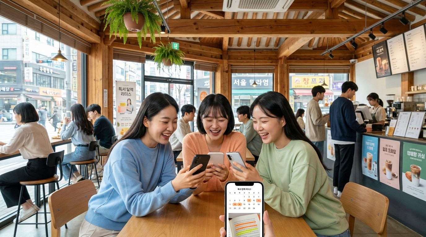 카페에서 리더스 앱을 사용해 독서 기록을 공유하며 대화하는 한국 여성들 그룹