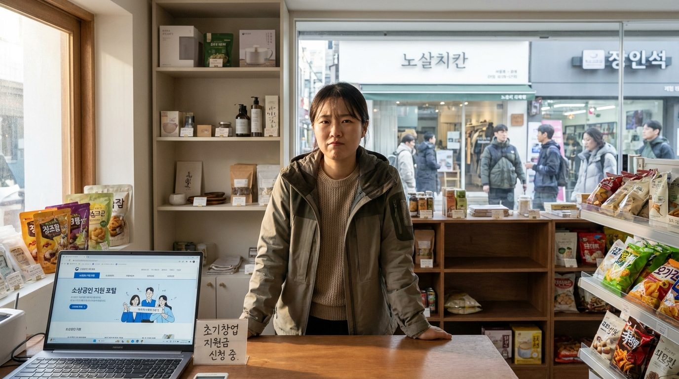 작은 가게 주인이 2026년 한국의 모던한 매장 안에서 초기창업 지원금을 확인하는 모습, 스트레스를 받으면서도 결의에 찬 표정이다.