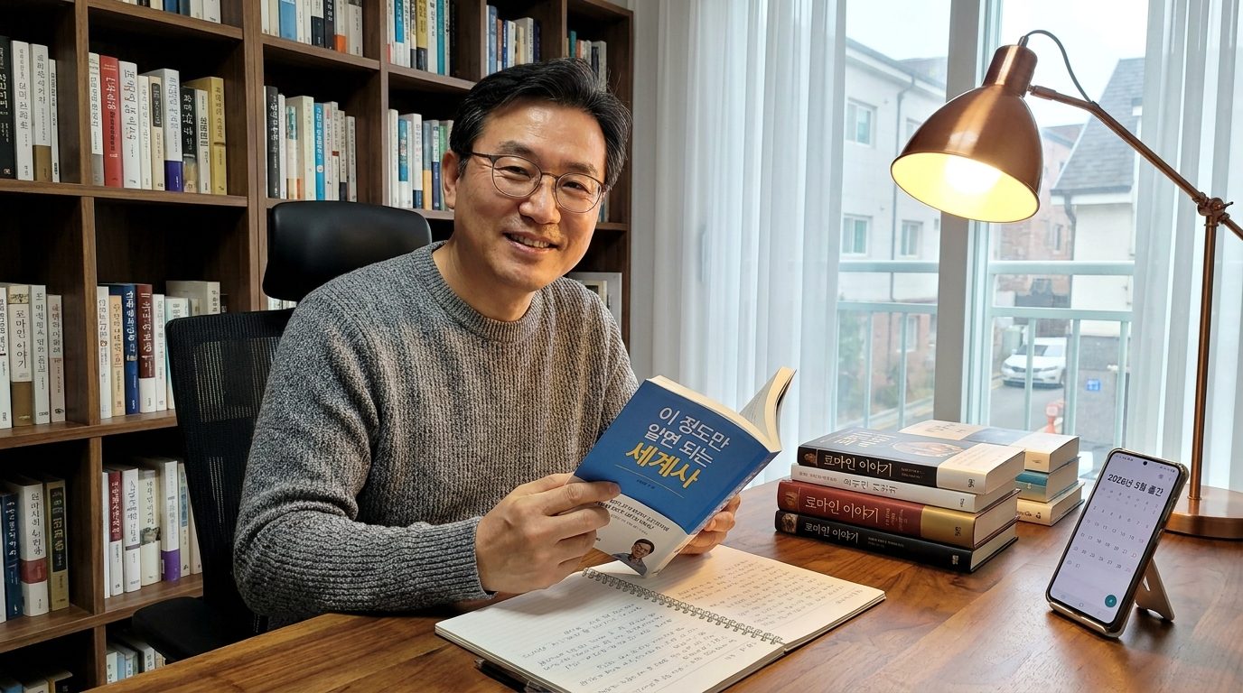 현대 한국의 홈 오피스에서 신간 교양서 『이 정도만 알면 되는 세계사』를 읽는 중년 남성의 모습