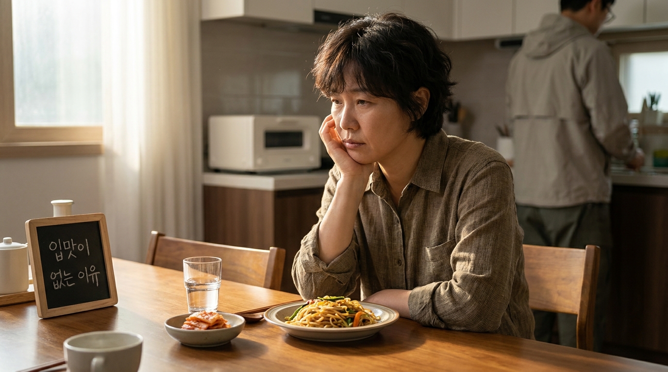 중장년층 한국인이 입맛이 떨어진 음식을 앞에 두고 생각하는 모습의 클로즈업 사진