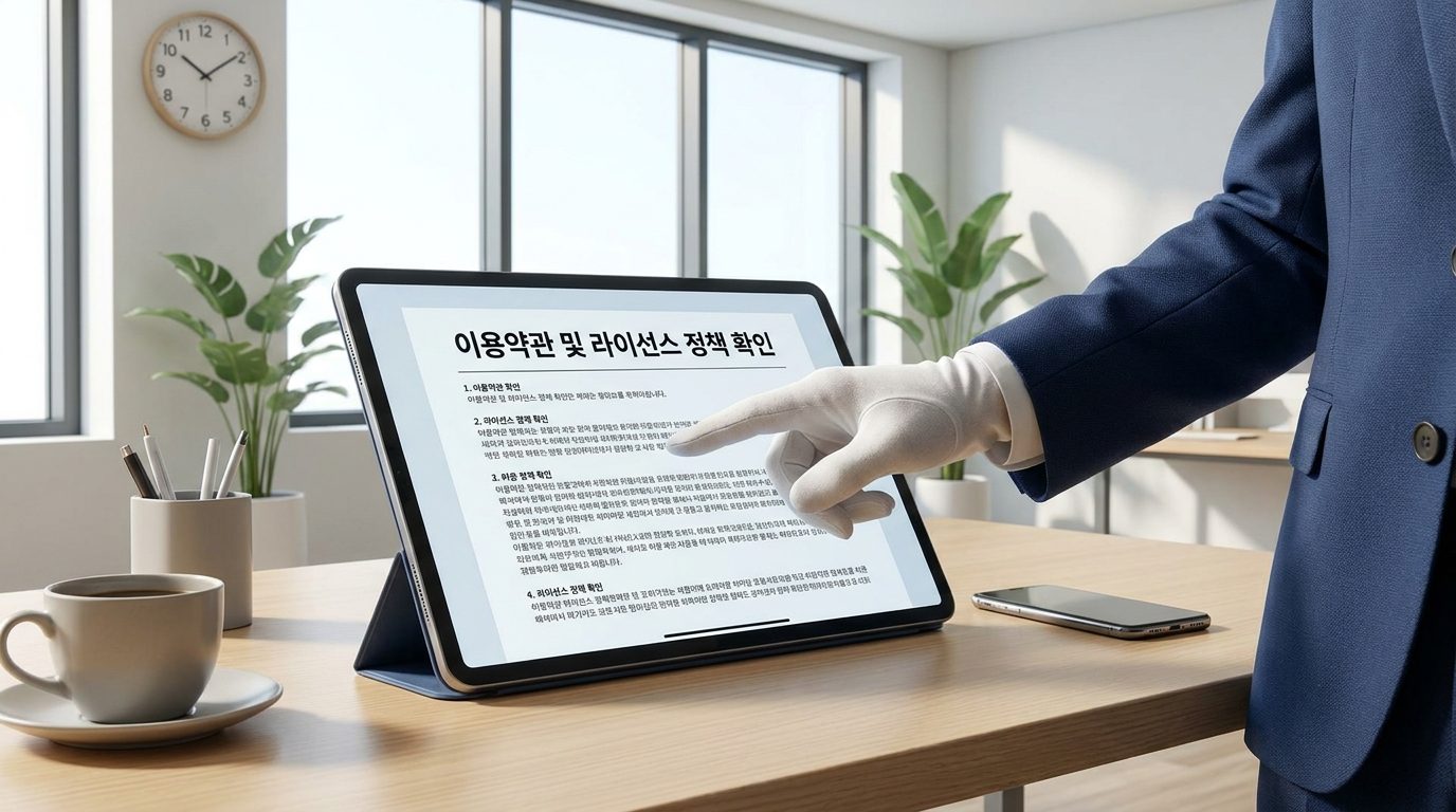 현대 한국 사무실에서 태블릿 화면에 이용약관 및 라이선스 정책을 확인하는 모습