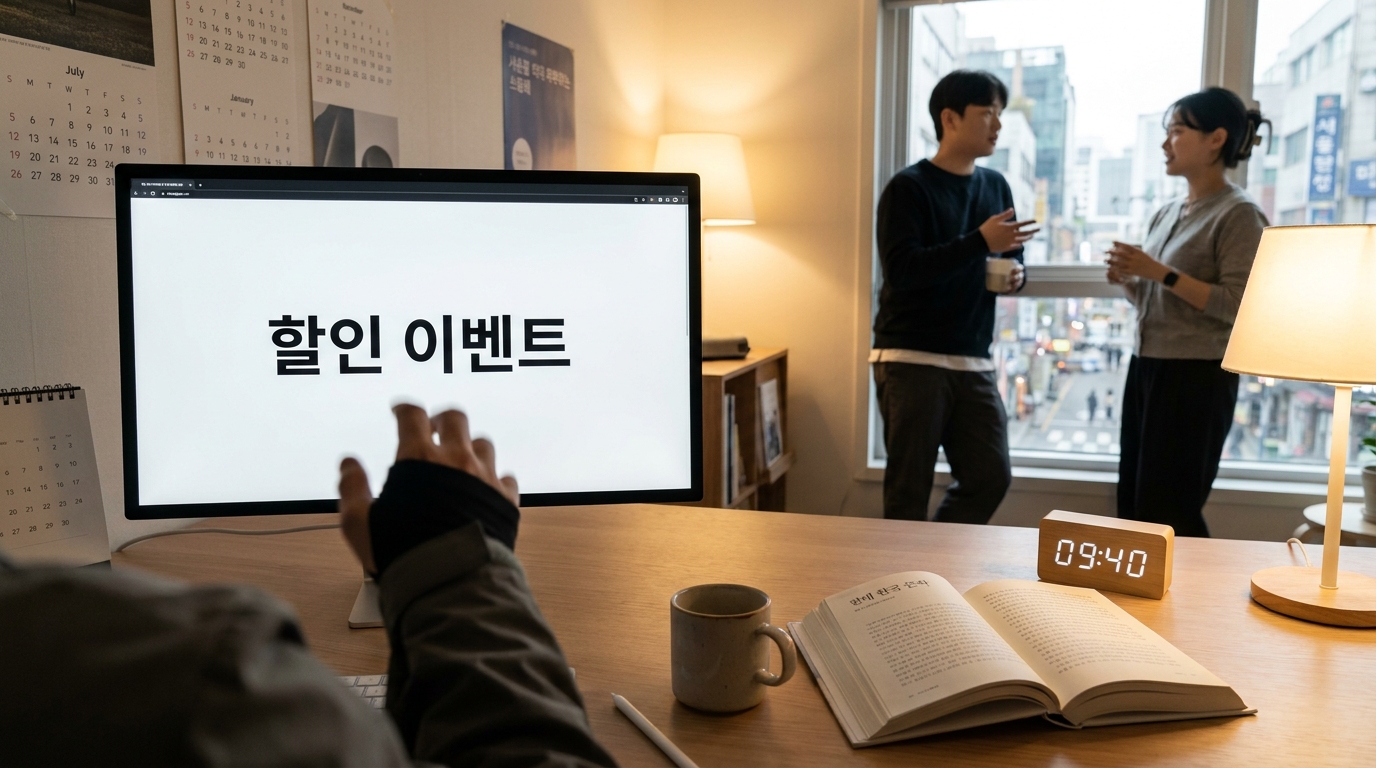 컴퓨터 화면에 깔끔한 한글 타이포그래피 디자인이 클로즈업된 사진