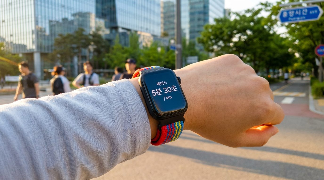 한국 여성 러너의 스마트워치 클로즈업, 화면에 페이스 지표(5분 30초 / km)가 한글로 보임