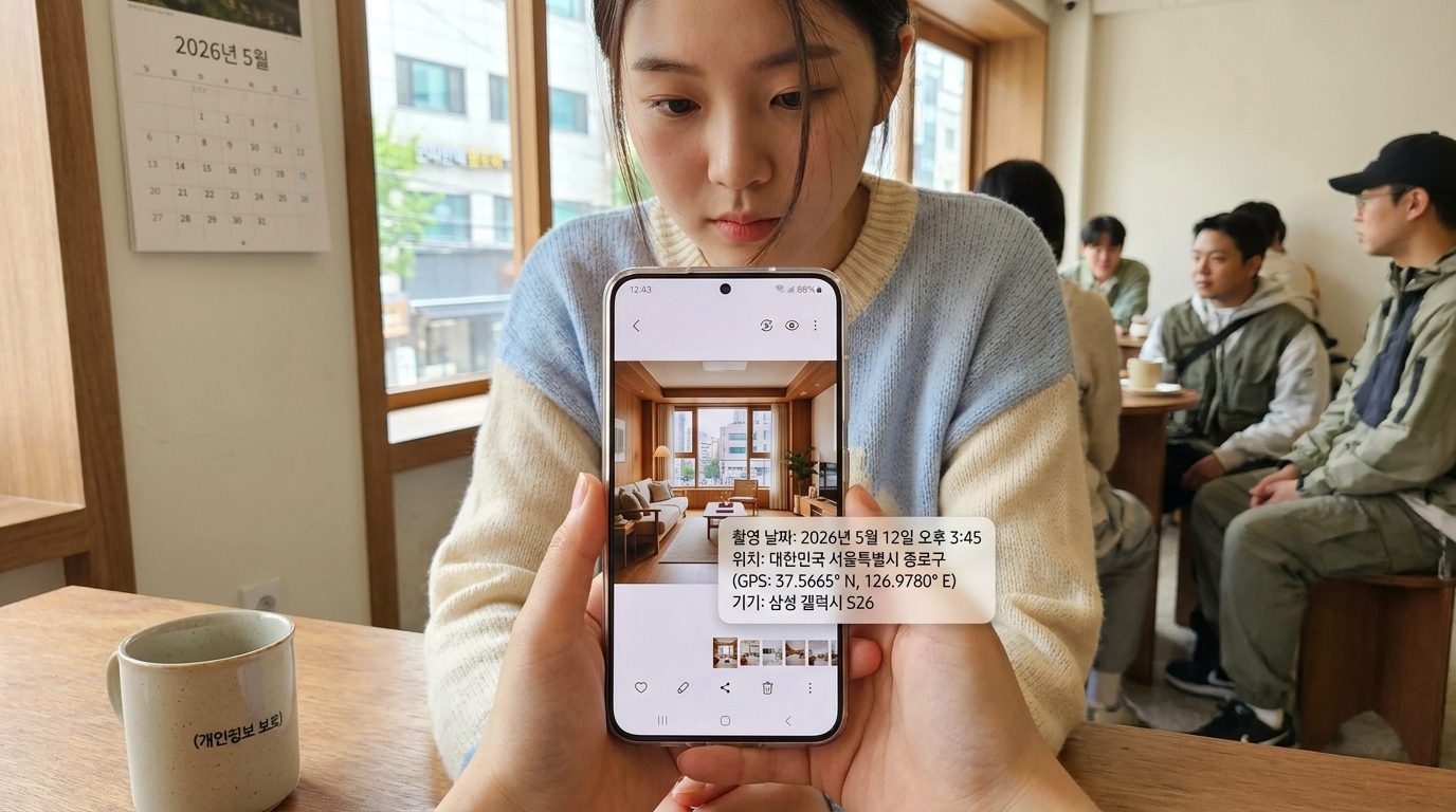 EXIF 위치정보 삭제: 스마트폰 화면에 사진 갤러리 앱과 GPS 포함 EXIF 데이터 자세히 표시된 모습, 젊은 한국 여성과 현대적 주거 공간