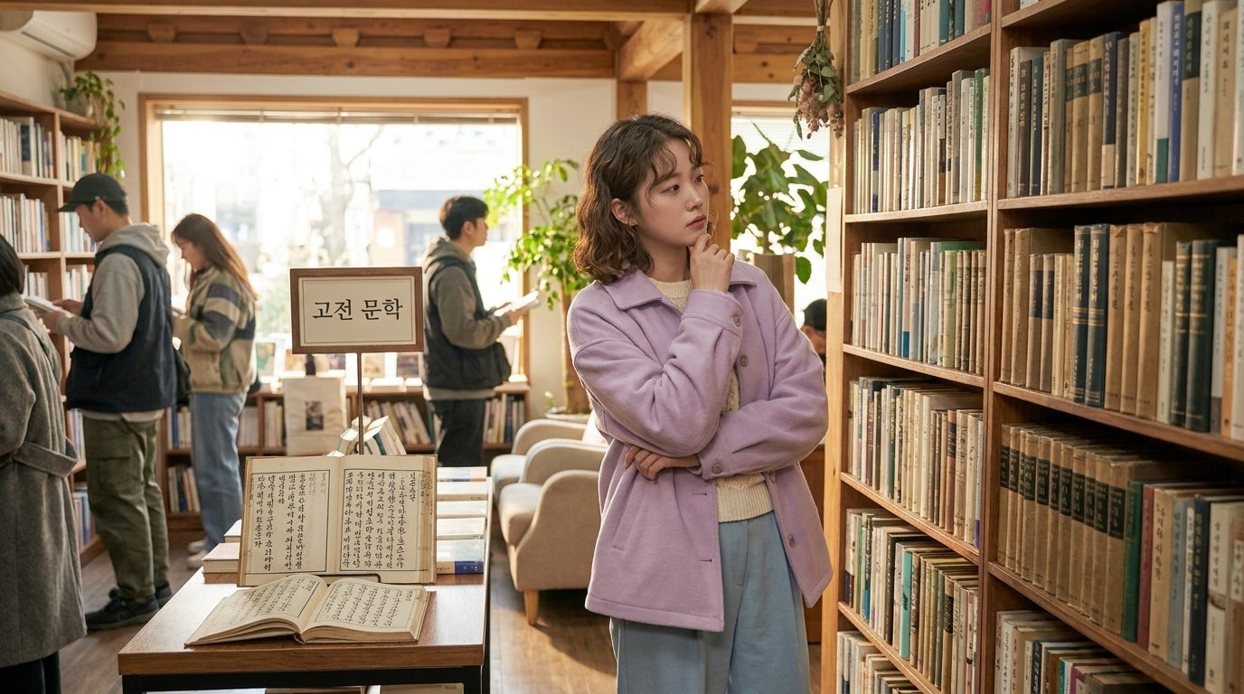 고전문학 추천 입문서: 고전 문학 코너 앞에서 고전을 바라보며 고민하는 젊은 여성