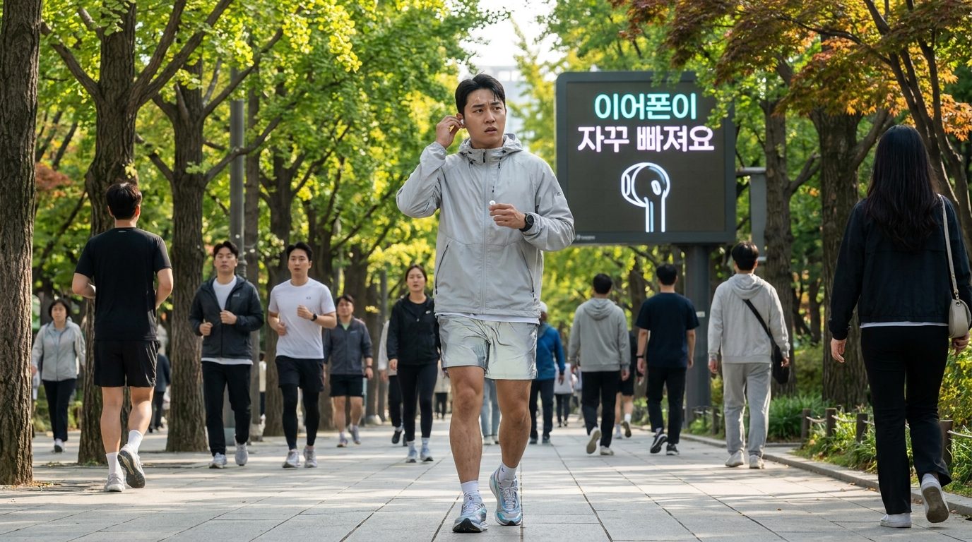 러닝 이어폰 안 빠지게 착용법을 고민하는 도시 공원 속 한국 남성 러너의 모습