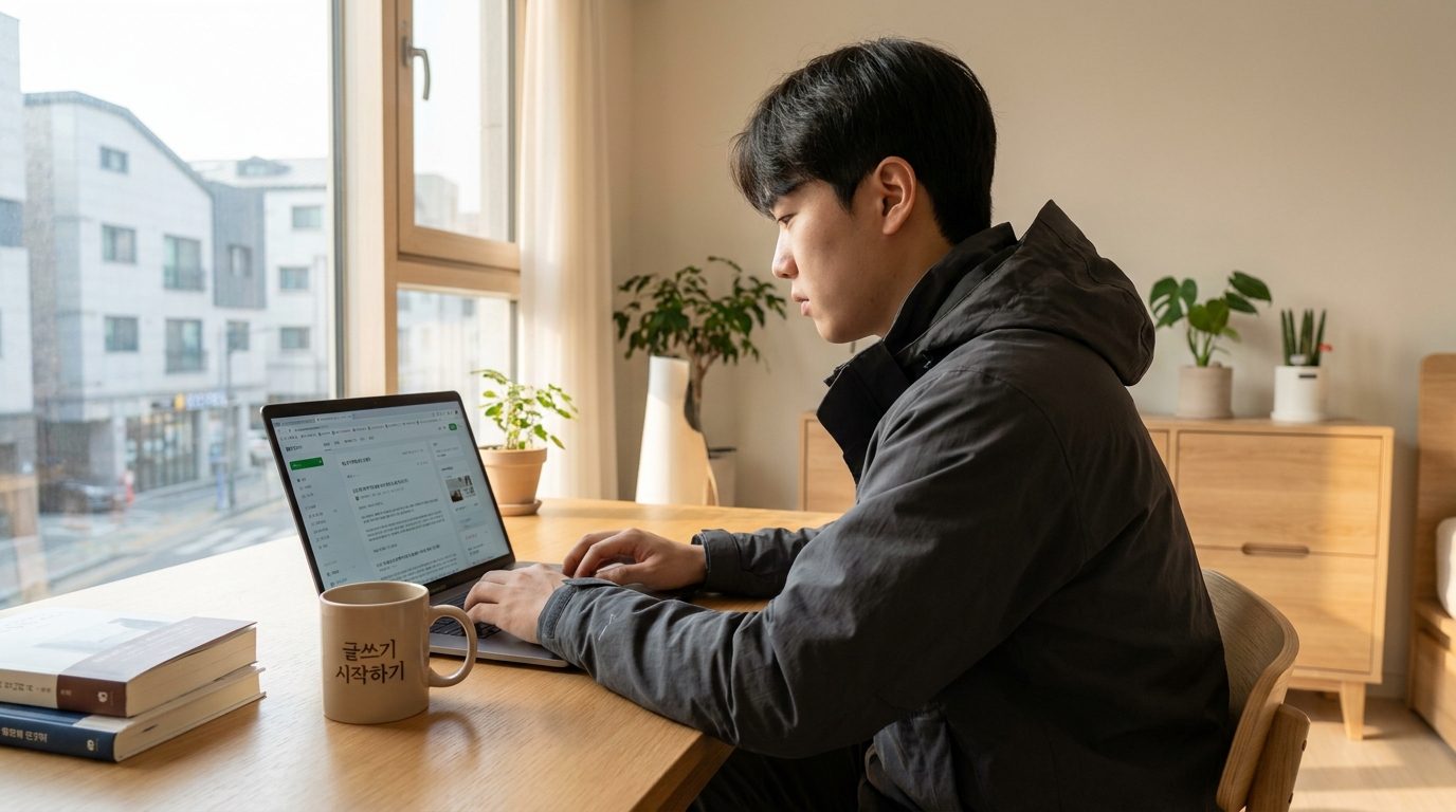 글쓰기 책 추천: 현대적인 한국의 스타일리시한 글쓰기 작업 공간에서 노트북으로 집중하며 글을 쓰는 사람의 모습
