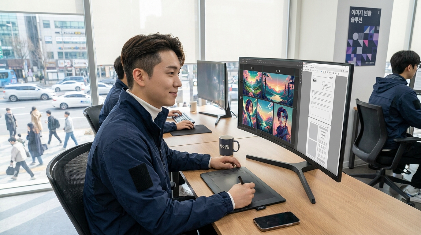 주어진 작업 환경에서 AI 이미지 편집과 PDF 변환 과정에서의 비율 문제를 보여주는 현실감 있는 작업자 모습
