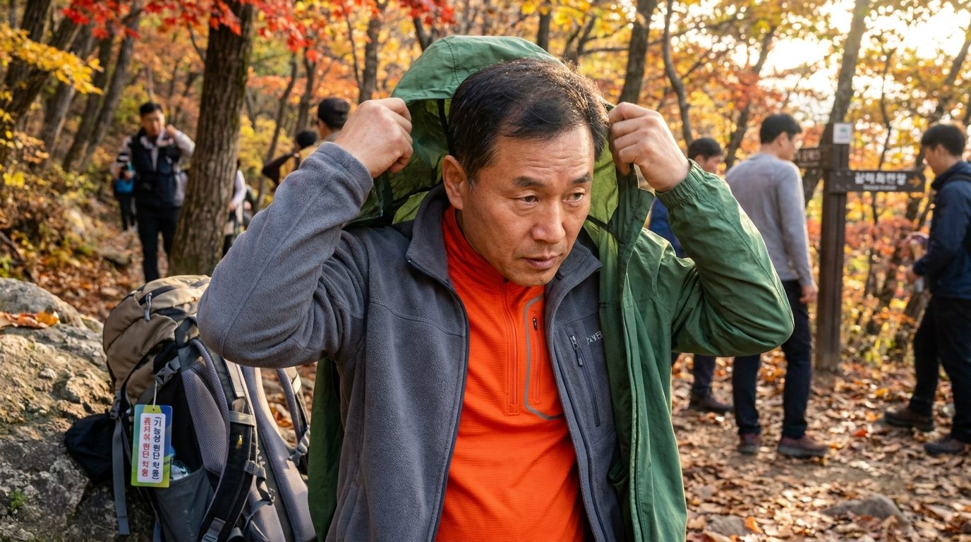 가을 산행을 위해 기능성 레이어를 겹쳐 입는 40대 한국인 등산객의 클로즈업 사진