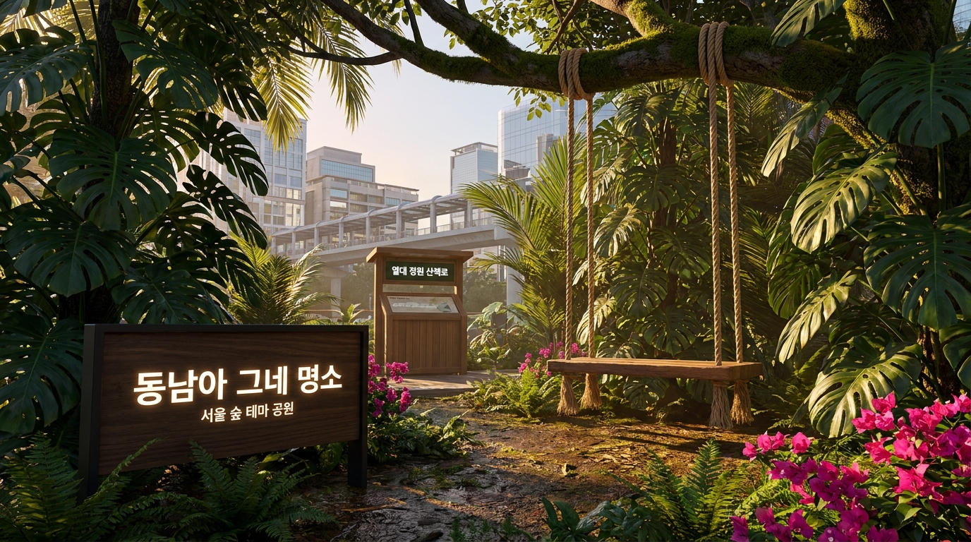 울창한 열대 정글과 따뜻한 아침 햇살이 비치는 동남아 그네 명소의 실사 이미지