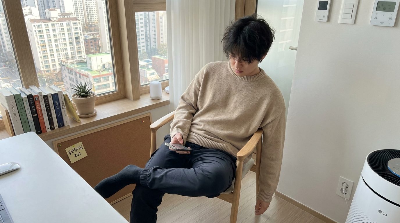 현대 한국 가정에서 골반 틀어짐을 보여주는 자세의 젊은 한국인