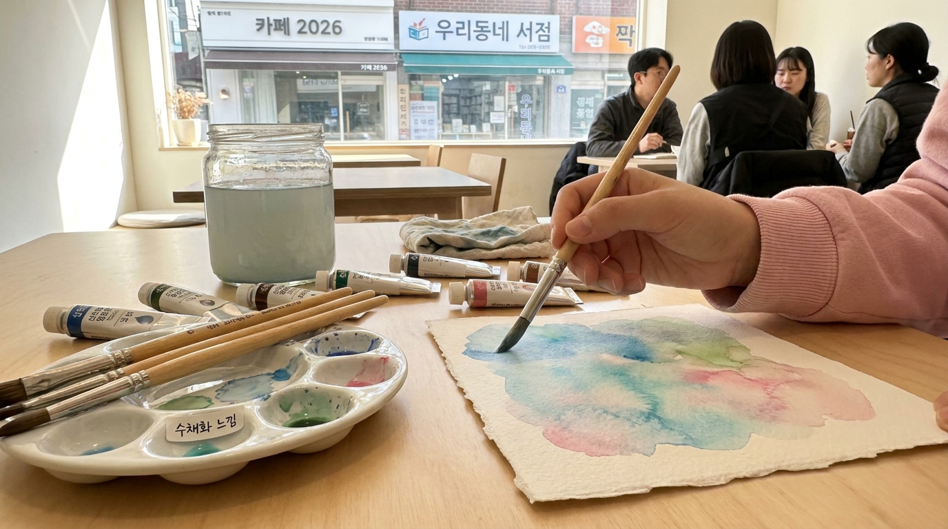 수채화 붓터치와 부드러운 파스텔 색 조합을 보여주는 클로즈업 워크스테이션 테이블