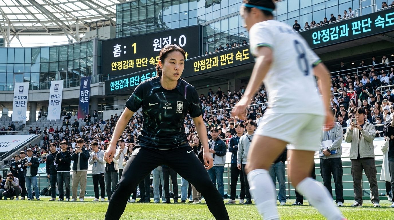 경기 중 상대 선수와의 몸싸움을 앞두고 집중하는 여자 수비수의 실사 이미지
