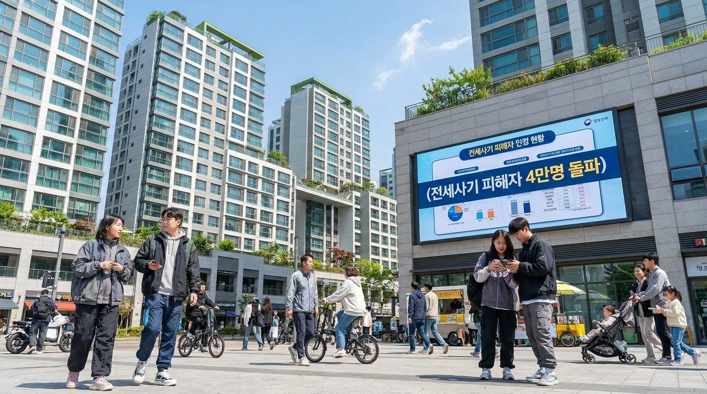 한국 현대 아파트단지와 전세사기 피해자 인정 현황을 알리는 전광판
