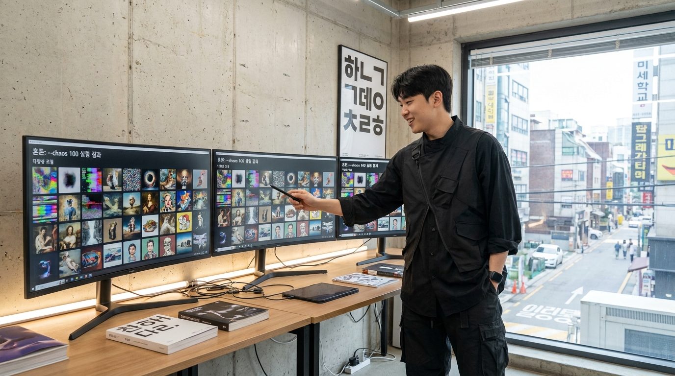 다양성 조절 화면을 보며 작업하는 2026년 한국 그래픽 디자이너
