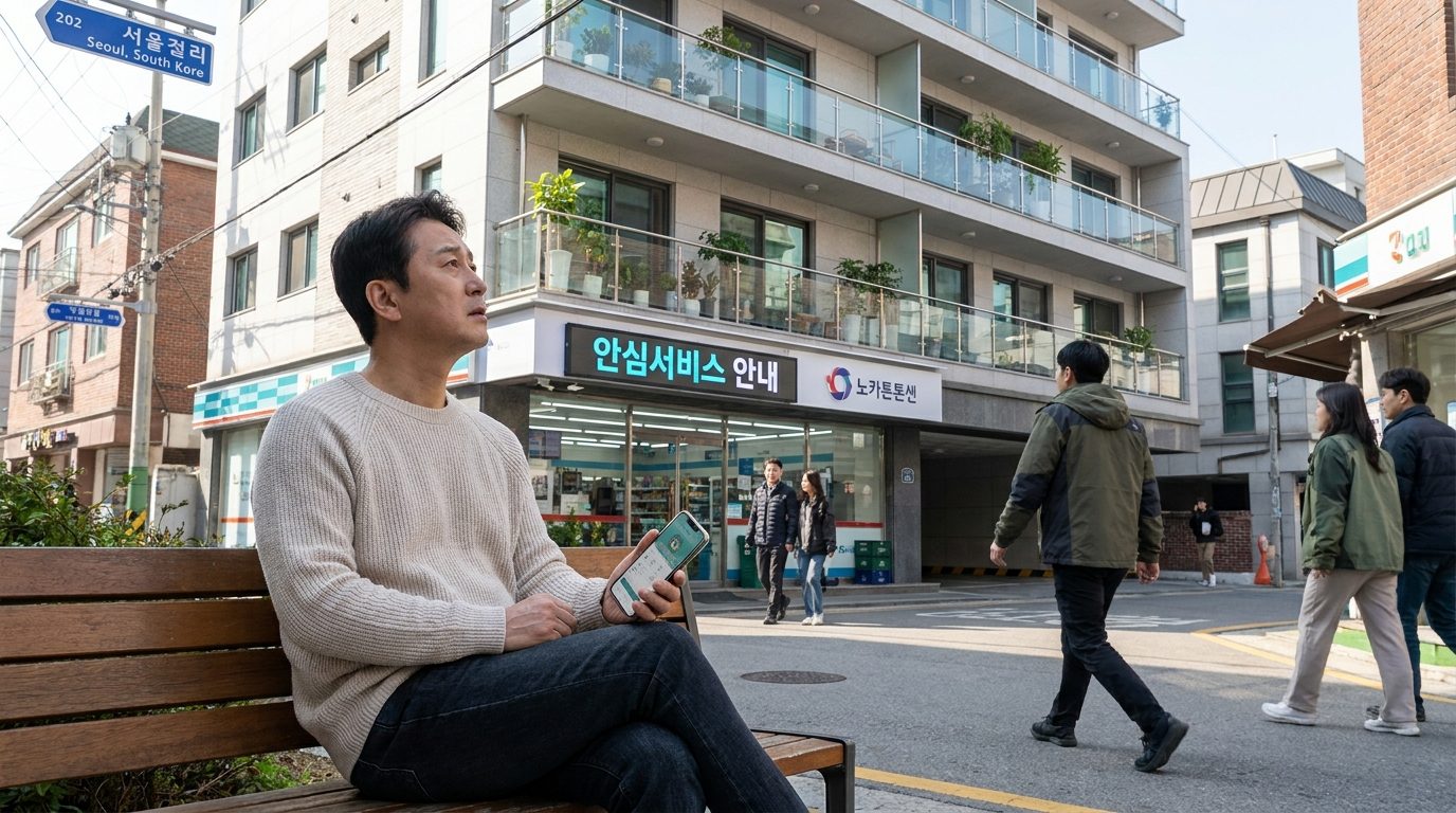 어른 자녀가 부모님이 혼자 사시는 아파트를 걱정스럽게 바라보는 모습의 현실적인 고화질 이미지