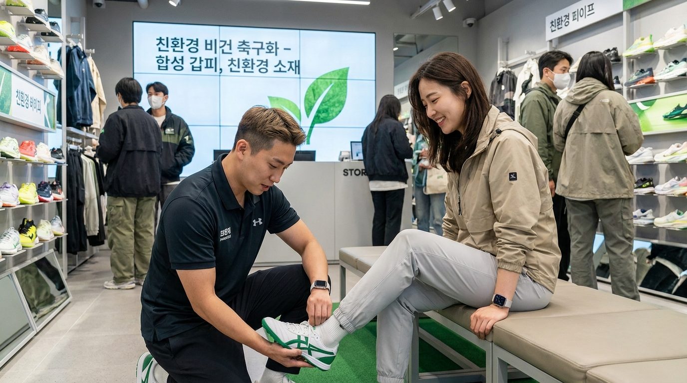 비건 축구화를 신어보는 한국 여성 고객과 남성 매장 직원의 실내 모습