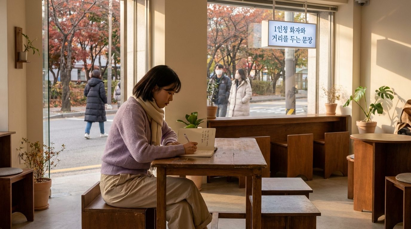 따뜻한 오후 햇살 아래 작은 카페에서 차분히 글을 쓰는 한국인 여성 작가