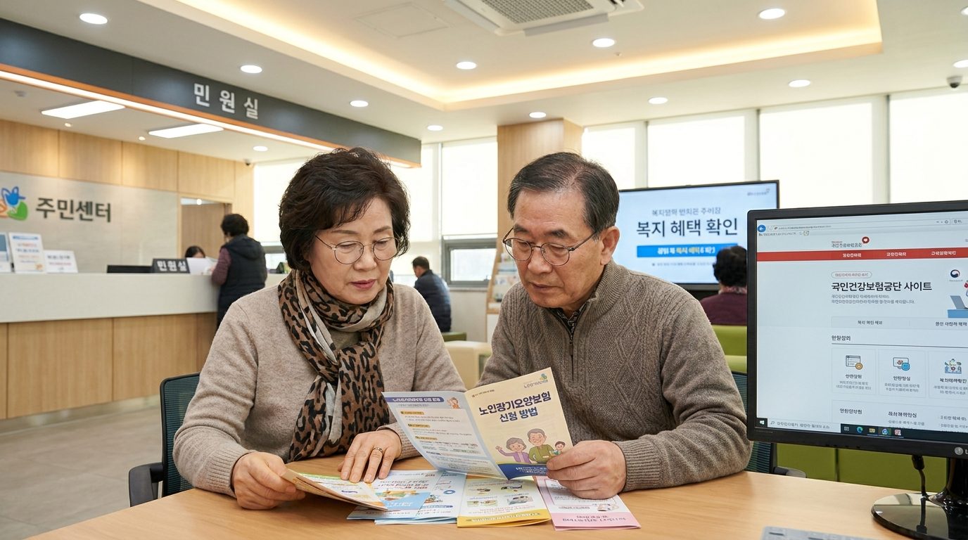 주민센터에서 노인장기요양보험 관련 서류를 확인하는 노부부 모습 시각화