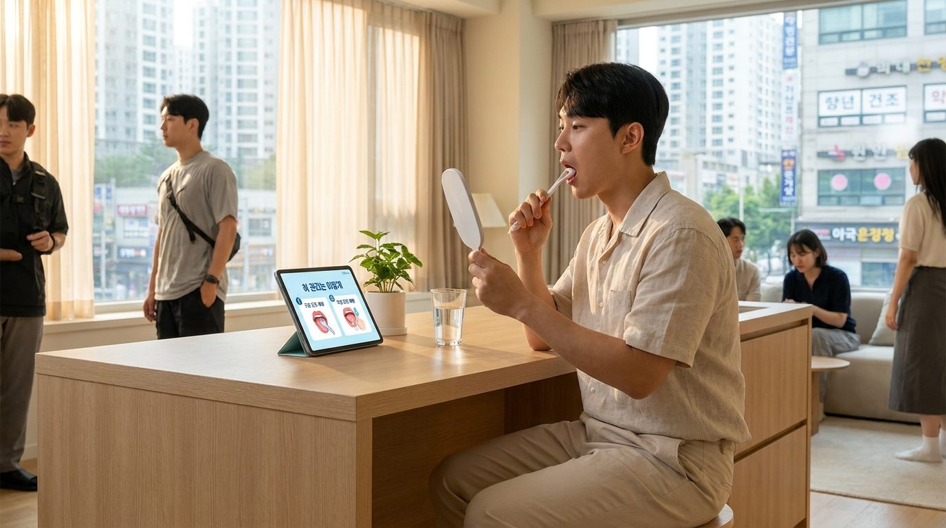 현대적인 한국 아파트의 주방 테이블에서 혀 관리 방법을 확인하는 젊은 한국인 성인