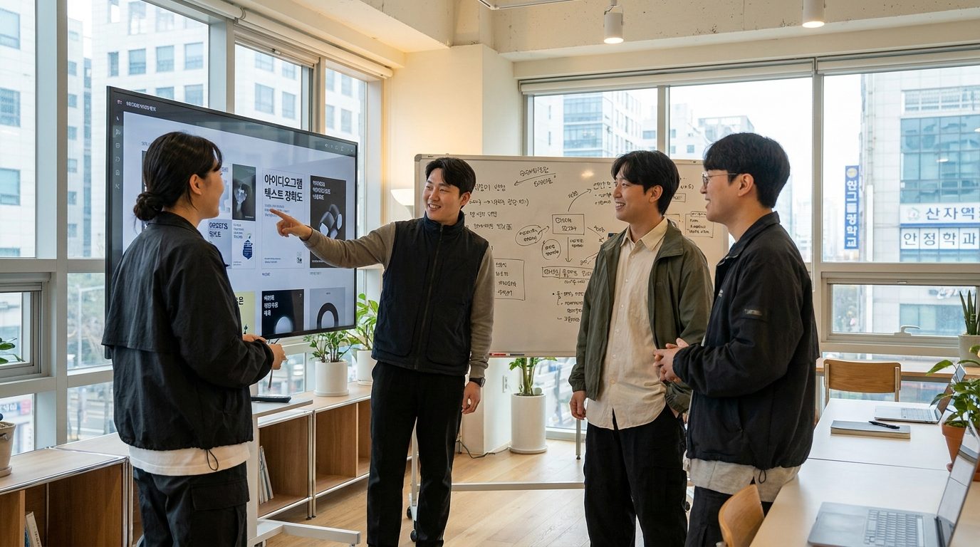 AI 이미지 생성 결과의 텍스트 정확도에 대해 토론하는 현대 한국 디자이너 회의 장면