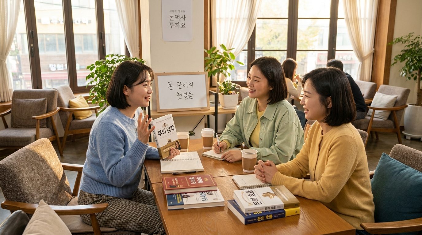 2030대 한국 여성 독서모임에서 재테크 도서에 대해 토론하는 모습