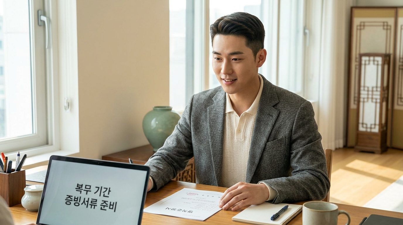 병적증명서 준비하며 청년 정책 신청을 준비하는 한국 청년의 모습