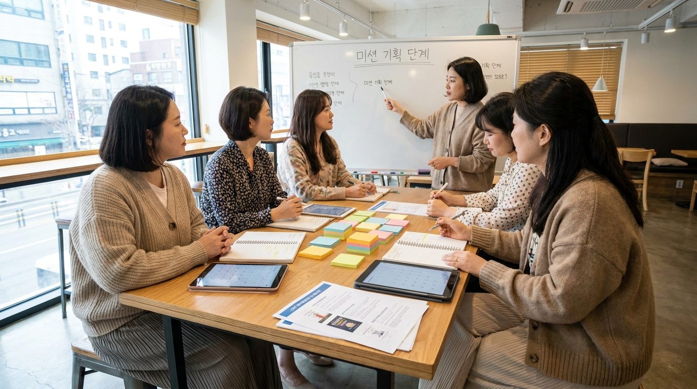 자기계발서 독서모임에서 미션을 기획하며 집중하는 여성들 모습