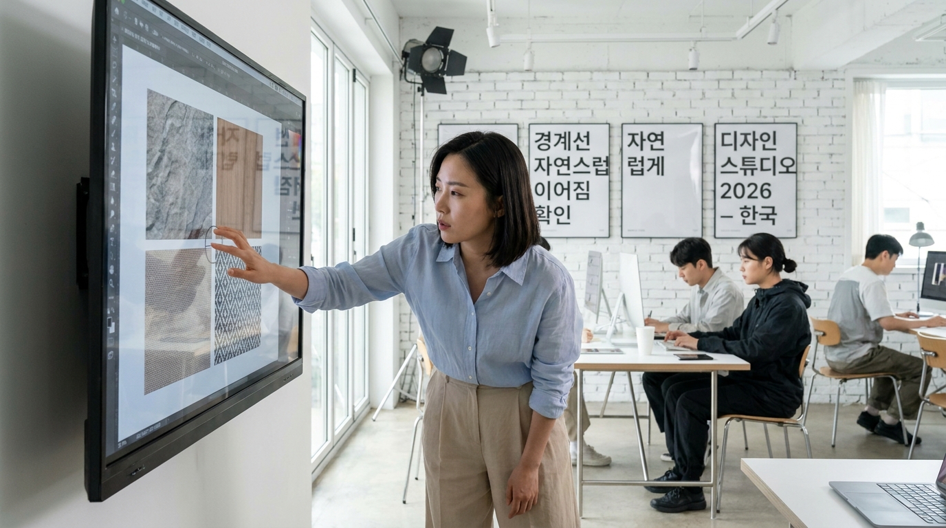 4장의 타일형 텍스처를 나란히 놓고 경계 검사를 하는 전문 디자이너의 품질 관리 장면
