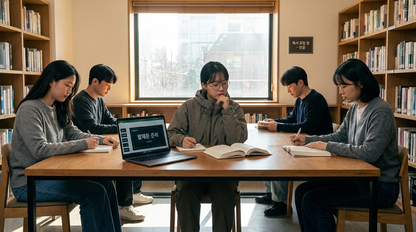 독서모임 발제문 잘 쓰는 법: 독서 모임에서 발제문을 준비하는 내향적인 진행자가 따뜻한 자연광 아래 한강을 배경으로 모임 참석자들과 함께 조용히 준비하는 모습의 실사 이미지
