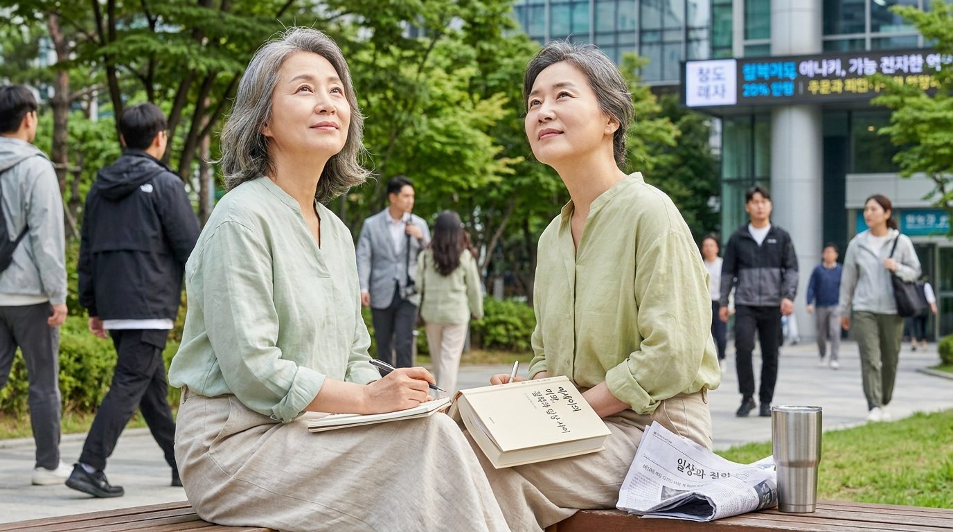 도심 공원 벤치에서 철학과 일상에 대해 사색하는 여성 철학자의 모습