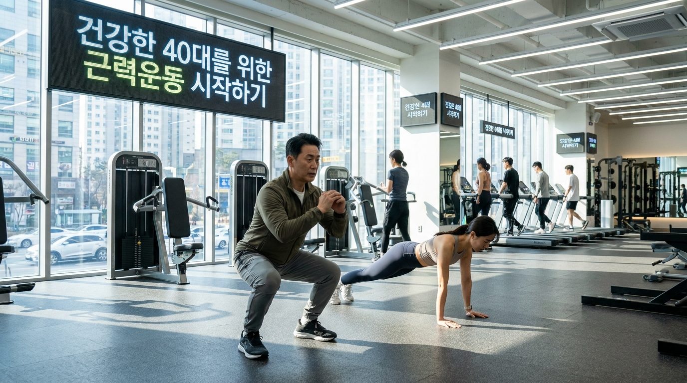 40대 남녀가 밝고 넓은 헬스장에서 가볍게 근력운동을 하는 모습