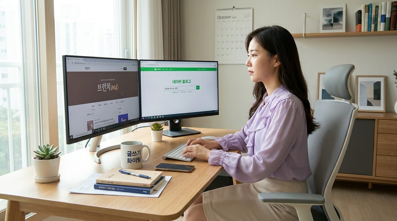 두 블로그 플랫폼에 게시하려고 컴퓨터 화면을 보고 있는 한국인 여성