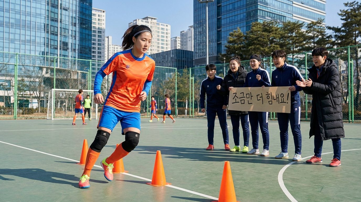 풋살 코트에서 애자일리티 드릴을 하는 여성 선수의 역동적인 장면