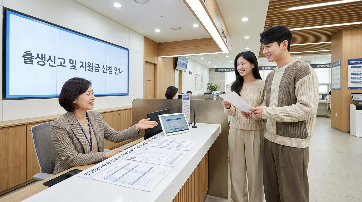 주민센터에서 출생신고와 지원금 신청을 돕는 직원과 젊은 부부 모습