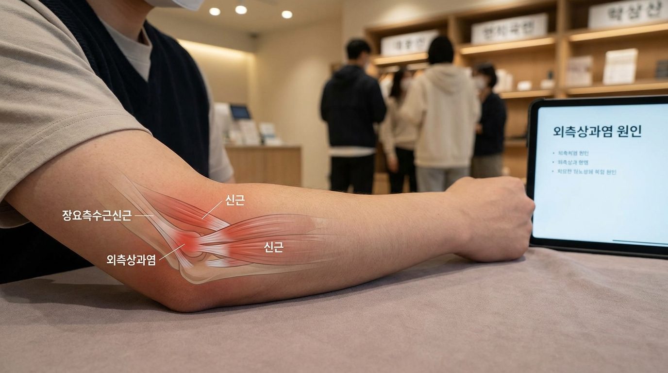 팔꿈치 바깥쪽 외측상과염 부위의 근육과 인대 염증을 해부학적으로 자세히 보여주는 이미지