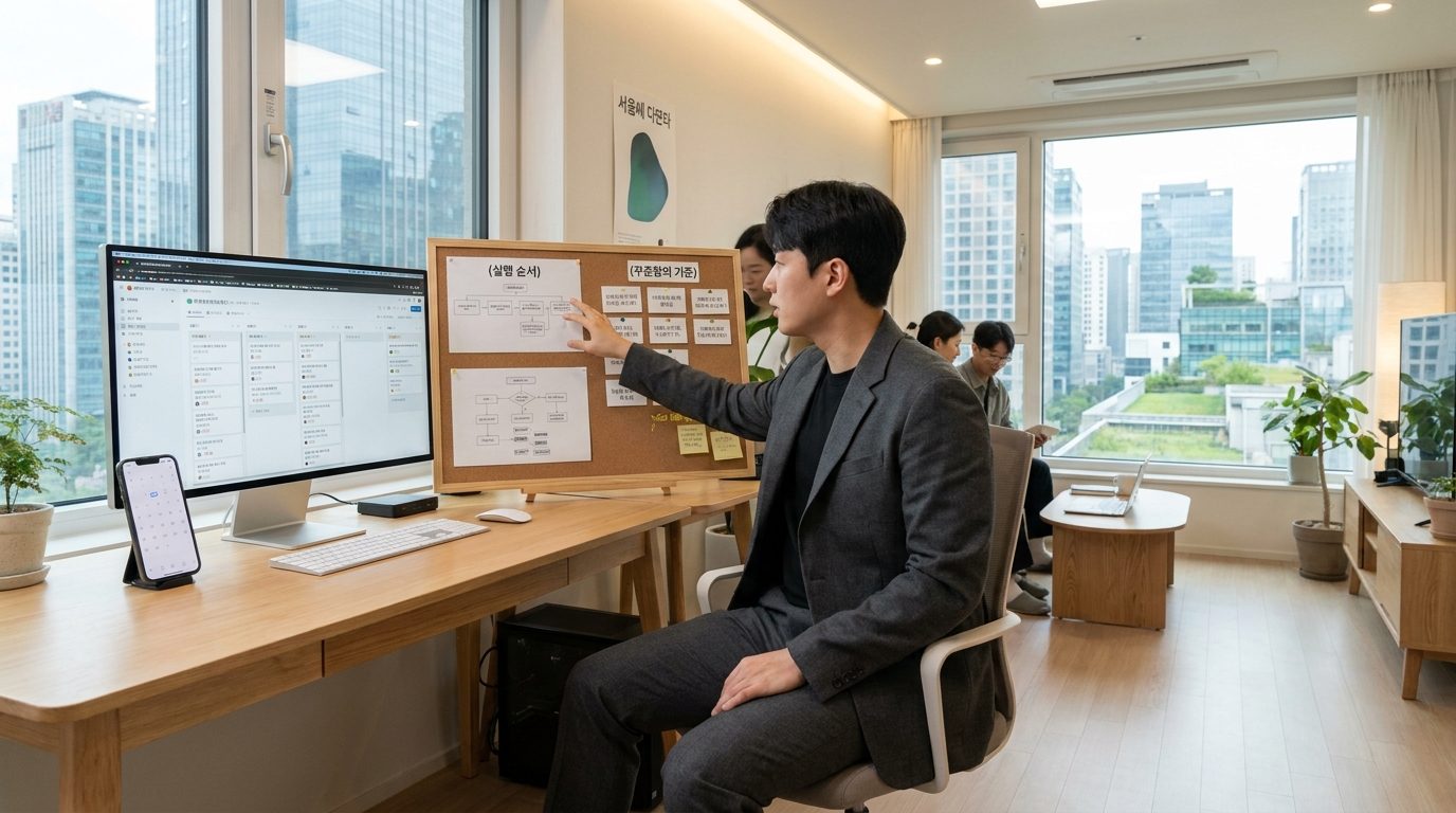 집무실에서 콘텐츠 제작 흐름과 실행 순서를 정리하는 한국인 프리랜서 모습