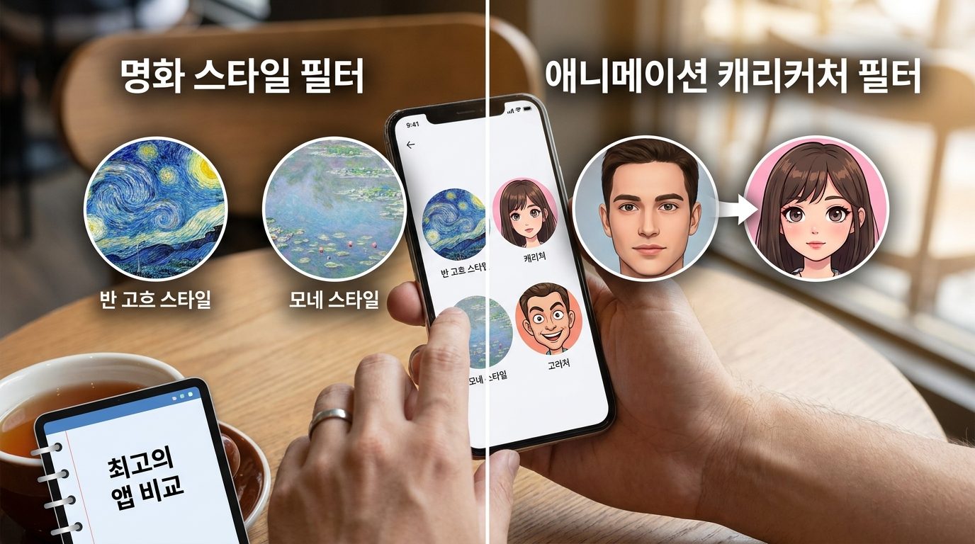 명화 스타일과 애니메이션 필터를 비교하는 스마트폰 앱 화면